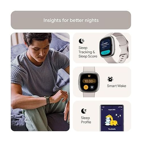  Fitbit Sense 2 Advanced Health and Fitness Smartwatch with Tools to Manage Stress and Sleep, ECG App, SpO2, 24/7 Heart Rate and GPS, Lunar White/Platinum, One Size (S & L Bands Included)