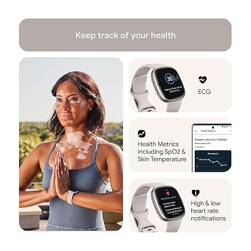  Fitbit Sense 2 Advanced Health and Fitness Smartwatch with Tools to Manage Stress and Sleep, ECG App, SpO2, 24/7 Heart Rate and GPS, Lunar White/Platinum, One Size (S & L Bands Included)