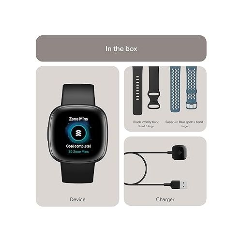  Fitbit Versa 4 Fitness Smartwatch with Daily Readiness, GPS, 24/7 Heart Rate, 40+ Exercise Modes, Waterfall Blue/Platinum, One Size (S & L Bands Included) + Sports Strap Bundle