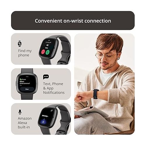  Fitbit Sense 2 Advanced Health and Fitness Smartwatch with Tools to Manage Stress and Sleep, ECG App, SpO2, 24/7 Heart Rate and GPS, Shadow Grey/Graphite, One Size (S & L Bands Included)