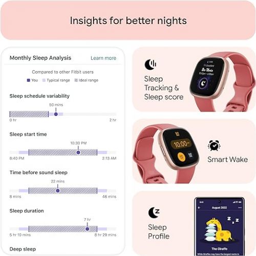  Fitbit Versa 4 Fitness Smartwatch with Daily Readiness, GPS, 24/7 Heart Rate, 40+ Exercise Modes, Sleep Tracking and more, Pink Sand/Copper Rose, One Size (S & L Bands Included)