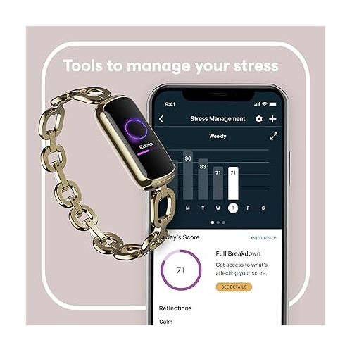  Fitbit Luxe Special Edition Fitness and Wellness Tracker, Gorjana Soft Gold Stainless Steel Parker Link Bracelet, One Size (S & L Peony Classic Bands Included)