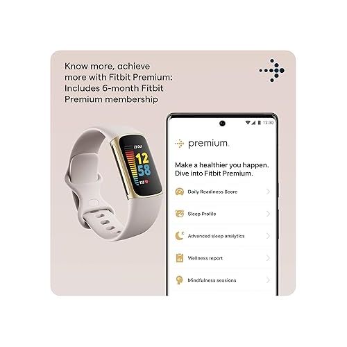  Fitbit Charge 5 Advanced Health & Fitness Tracker with Built-in GPS, Stress Management Tools, Sleep Tracking, 24/7 Heart Rate and More, Lunar White/Soft Gold, One Size (S &L Bands Included)