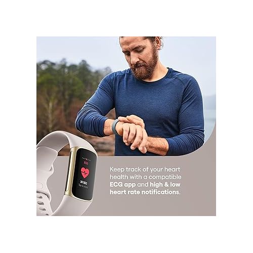  Fitbit Charge 5 Advanced Health & Fitness Tracker with Built-in GPS, Stress Management Tools, Sleep Tracking, 24/7 Heart Rate and More, Lunar White/Soft Gold, One Size (S &L Bands Included)