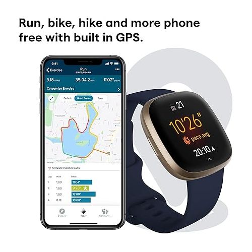  Fitbit Versa 3 Health & Fitness Smartwatch with GPS, 24/7 Heart Rate, Alexa Built-in, 6+ Days Battery, Midnight Blue/Gold, One Size (S & L Bands Included)