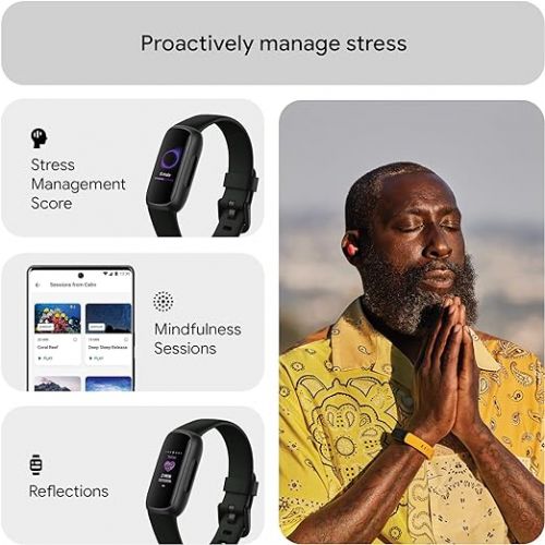  Fitbit Inspire 3 Health &-Fitness-Tracker with Stress Management, Workout Intensity, Sleep Tracking, 24/7 Heart Rate and more, Midnight Zen/Black One Size (S & L Bands Included)