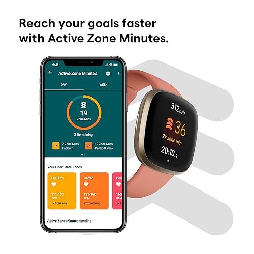  Fitbit Versa 3 Health & Fitness Smartwatch with GPS, 24/7 Heart Rate, Alexa Built-in, 6+ Days Battery, Pink/Gold, One Size (S & L Bands Included)