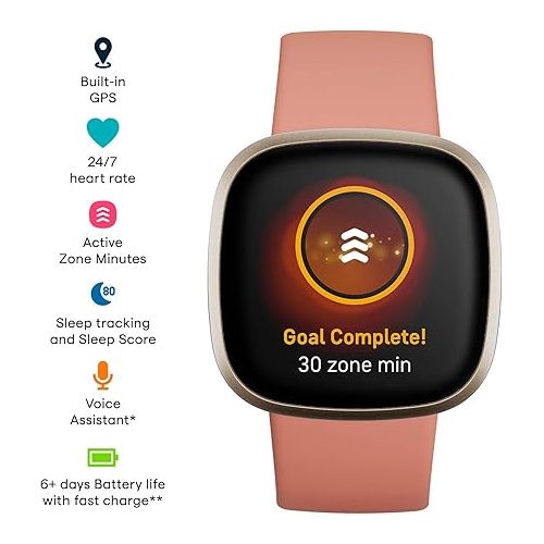  Fitbit Versa 3 Health & Fitness Smartwatch with GPS, 24/7 Heart Rate, Alexa Built-in, 6+ Days Battery, Pink/Gold, One Size (S & L Bands Included)