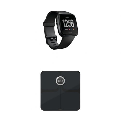  Fitbit Versa Health & Fitness Smartwatch, schwarz, One Size, FB505GMBK-EU + Aria 2 Intelligente Wlan-Waage, Black, Onesize