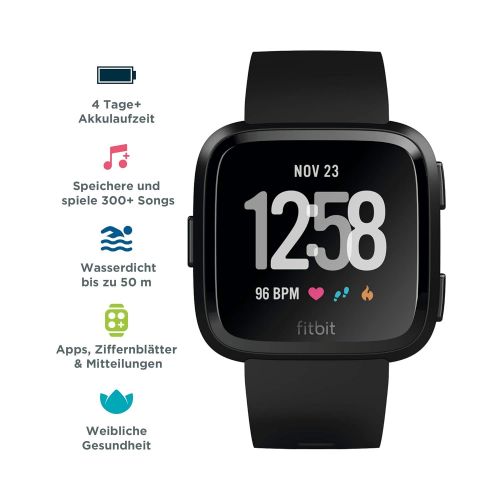  Fitbit Versa, Gesundheits & Fitness Smartwatch mit Herzfrequenzmessung, 4+ Tage Akkulaufzeit & Wasserabweisend bis 50 m Tiefe, Schwarz