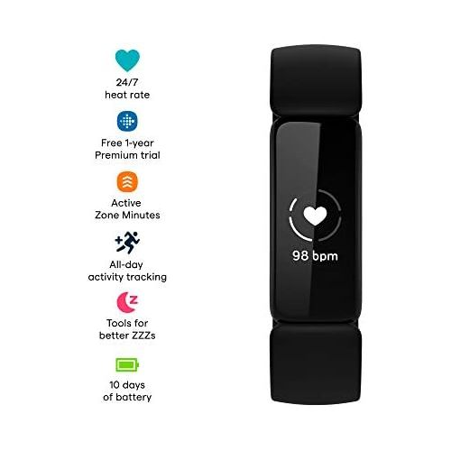  Fitbit Inspire 2 Health & Fitness Tracker with a Free 1-Year Fitbit Premium Trial, 24/7 Heart Rate, Black/Black, One Size (S & L Bands Included)