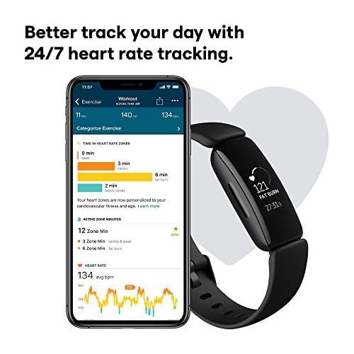  Fitbit Inspire 2 Health & Fitness Tracker with a Free 1-Year Fitbit Premium Trial, 24/7 Heart Rate, Black/Black, One Size (S & L Bands Included)