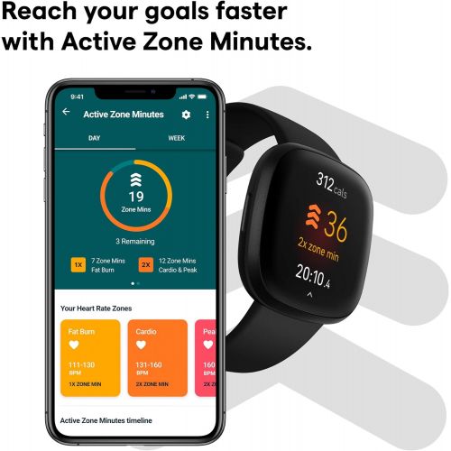  Fitbit Versa 3 Health & Fitness Smartwatch with GPS, 24/7 Heart Rate, Alexa Built-in, 6+ Days Battery, Black/Black, One Size (S & L Bands Included)