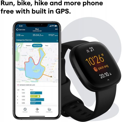  Fitbit Versa 3 Health & Fitness Smartwatch with GPS, 24/7 Heart Rate, Alexa Built-in, 6+ Days Battery, Black/Black, One Size (S & L Bands Included)