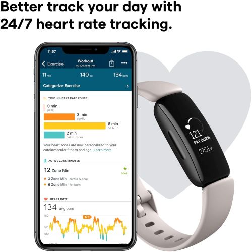  Fitbit Inspire 2 Health & Fitness Tracker with a Free 1-Year Fitbit Premium Trial, 24/7 Heart Rate, Lunar White, One Size (S & L Bands Included)