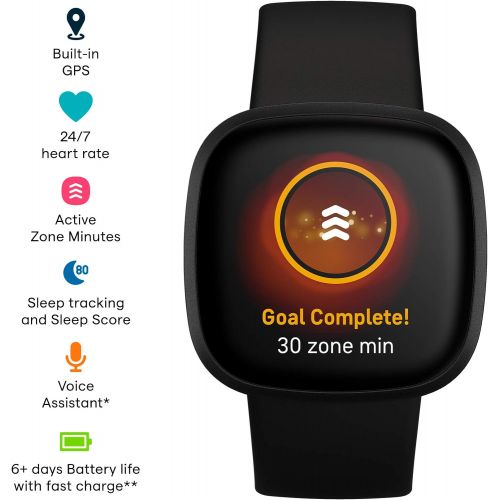  [아마존베스트]Fitbit Versa 3 Health & Fitness Smartwatch with GPS, 24/7 Heart Rate, Alexa Built-in, 6+ Days Battery, Black/Black, One Size (S & L Bands Included)