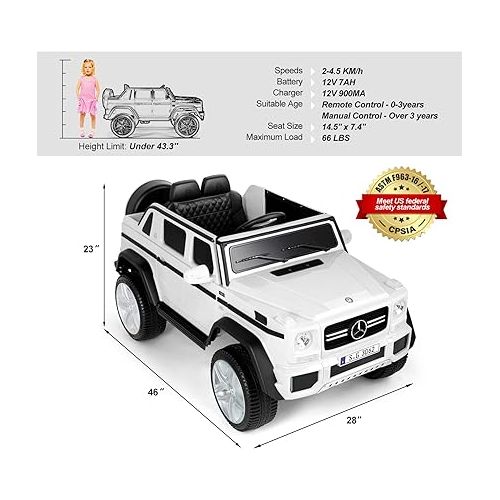  JOYLDIAS Kids Ride On Cars, Licensed Mercedes-Benz Maybach G650S, 12V7AH Battery Powered Toy Electric Car for Kids with 2.4G Remote Control, 2 Motors, 3 Speeds, Lock, Music, Horn, LED Lights, White