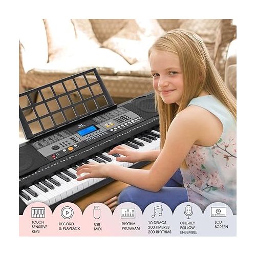  MUSTAR Piano Keyboard, 61 Key Keyboard Piano Electric Piano with Stand, Touch Sensitive Keyboards Piano 61 Key for Beginners, Headphones, Microphone, MP3/USB/LCD Screen, Holiday Birthday Gifts