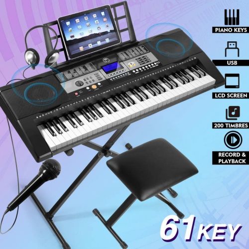  Fitnessclub Mustar 61 Key Piano Keyboard, Portable Electric Keyboard Piano with Stand, Touch Sensitive Keyboards Piano 61 key for Beginners, Piano Stool, Headphones, Microphone, LCD Screen