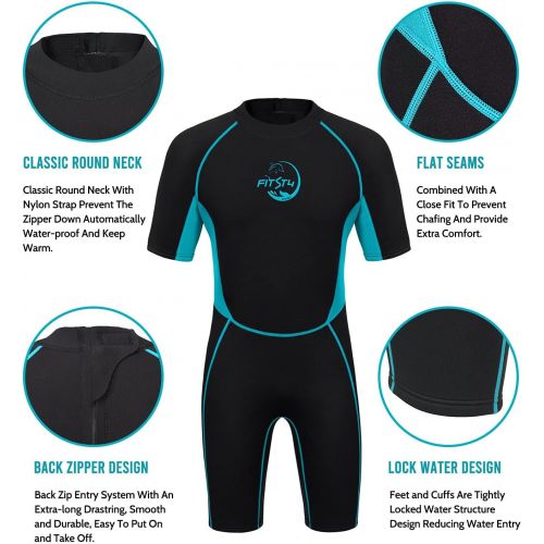  FitsT4 Sports FitsT4 Kids Shorty Wetsuit 2.5mm Neoprene Thermal Swimsuit Keep Warm Girls Toddlers Boys Back Zipper for Diving Snorkeling Surfing Swimming Lessons