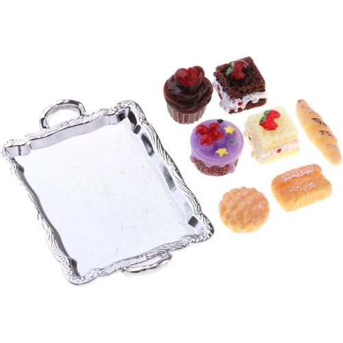  Fityle 1/12 Dollhouse Miniature Food Cake Plate Bread Set for Kitchen Dining Room Decoration with Silver Tray