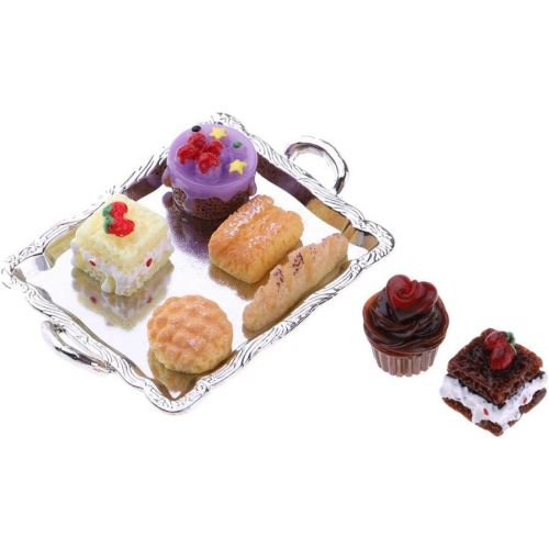  Fityle 1/12 Dollhouse Miniature Food Cake Plate Bread Set for Kitchen Dining Room Decoration with Silver Tray