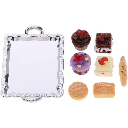  Fityle 1/12 Dollhouse Miniature Food Cake Plate Bread Set for Kitchen Dining Room Decoration with Silver Tray