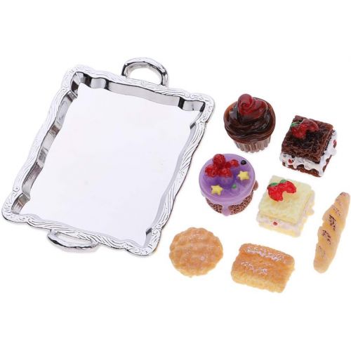  Fityle 1/12 Dollhouse Miniature Food Cake Plate Bread Set for Kitchen Dining Room Decoration with Silver Tray