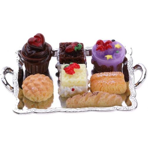  Fityle 1/12 Dollhouse Miniature Food Cake Plate Bread Set for Kitchen Dining Room Decoration with Silver Tray