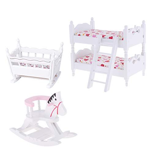  Fityle White 1/12 Scale Dollhouse Furniture Children Nursery Bedroom Bunk Bed Cradle Rocking Horse Set