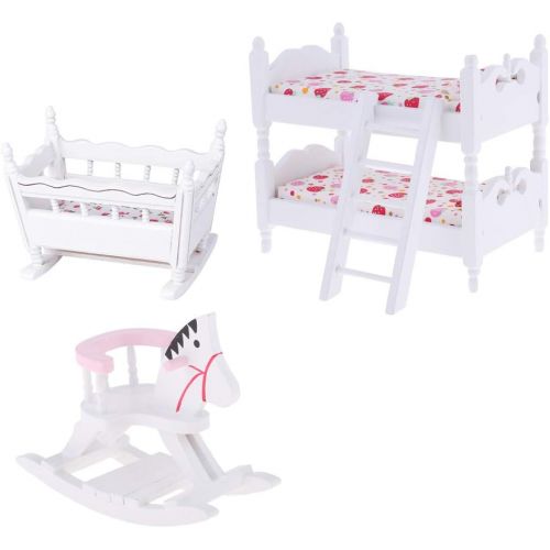  Fityle White 1/12 Scale Dollhouse Furniture Children Nursery Bedroom Bunk Bed Cradle Rocking Horse Set