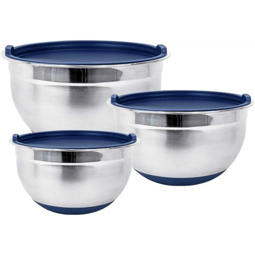  Fitzroy and Fox Non-Slip Stainless Steel Mixing Bowls with Lids, Set of 3, Blue