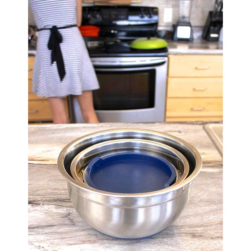  Fitzroy and Fox Non-Slip Stainless Steel Mixing Bowls with Lids, Set of 3, Blue