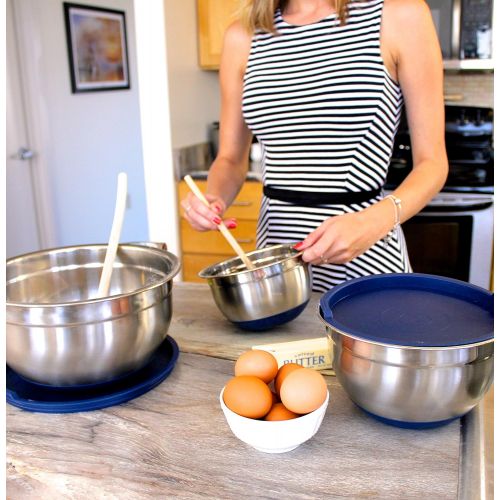  Fitzroy and Fox Non-Slip Stainless Steel Mixing Bowls with Lids, Set of 3, Blue