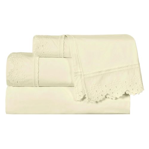  Five Queens Court Eyelet 4-Piece Sheet Set, Ribbon Trim, Embroidered, 100% Cotton, Deep Pocket, King, Ivory