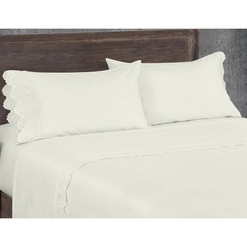  Five Queens Court Eyelet 4-Piece Sheet Set, Ribbon Trim, Embroidered, 100% Cotton, Deep Pocket, King, Ivory
