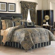 Five Queens Court Palmer Damask Luxury 4 Piece Comforter Set, Queen, Teal Navy Gold