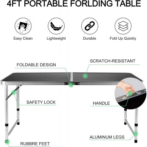  FiveJoy Folding Camping Table, 4 FT Aluminum Height Adjustable Lightweight Desk Portable Handle, Top Weatherproof and Rust Resistant Table for Outdoor Picnic Beach Backyard, 47 x 2