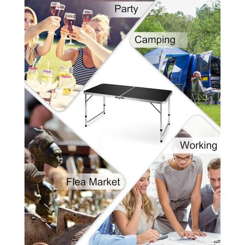  FiveJoy Folding Camping Table, 4 FT Aluminum Height Adjustable Lightweight Desk Portable Handle, Top Weatherproof and Rust Resistant Table for Outdoor Picnic Beach Backyard, 47 x 2