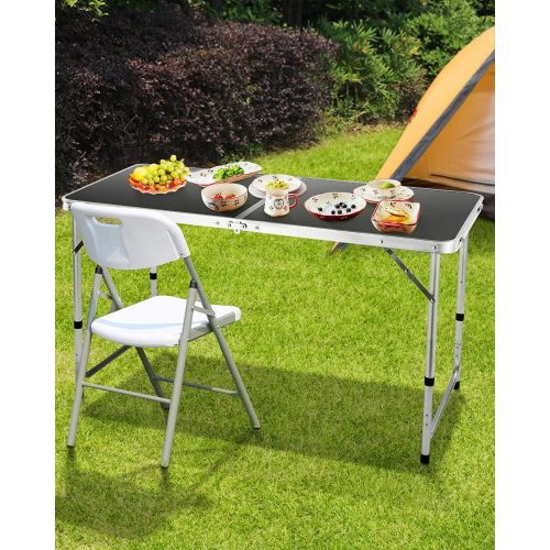  FiveJoy Folding Camping Table, 4 FT Aluminum Height Adjustable Lightweight Desk Portable Handle, Top Weatherproof and Rust Resistant Table for Outdoor Picnic Beach Backyard, 47 x 2