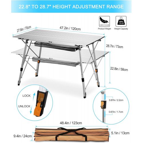  FiveJoy Folding Camping Table Outdoor Portable Picnic Camp Table with Aluminum Legs Adjustable Height Roll Up Table with Mesh Layer for Picnic Beach Grill Backyard Kitchen