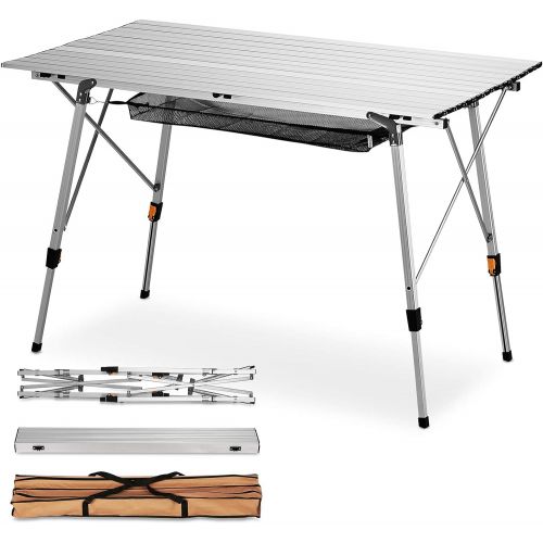  FiveJoy Folding Camping Table Outdoor Portable Picnic Camp Table with Aluminum Legs Adjustable Height Roll Up Table with Mesh Layer for Picnic Beach Grill Backyard Kitchen