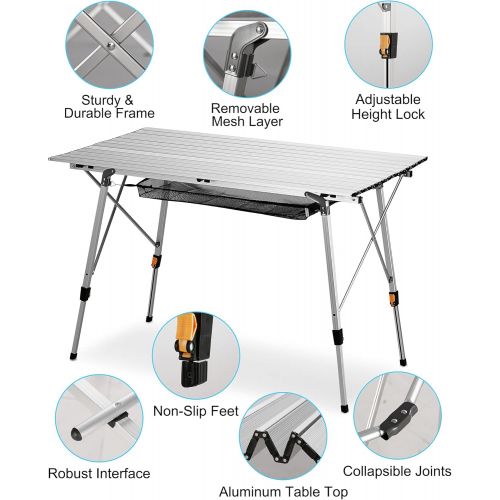  FiveJoy Folding Camping Table Outdoor Portable Picnic Camp Table with Aluminum Legs Adjustable Height Roll Up Table with Mesh Layer for Picnic Beach Grill Backyard Kitchen