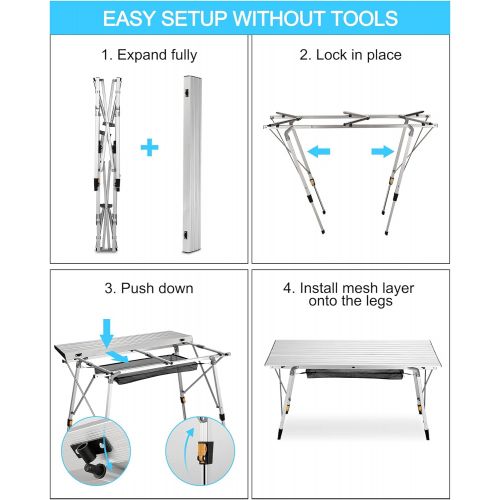  FiveJoy Folding Camping Table Outdoor Portable Picnic Camp Table with Aluminum Legs Adjustable Height Roll Up Table with Mesh Layer for Picnic Beach Grill Backyard Kitchen