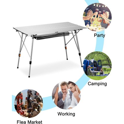  FiveJoy Folding Camping Table Outdoor Portable Picnic Camp Table with Aluminum Legs Adjustable Height Roll Up Table with Mesh Layer for Picnic Beach Grill Backyard Kitchen