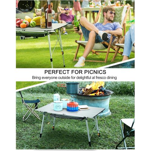  FiveJoy Folding Camping Table Outdoor Portable Picnic Camp Table with Aluminum Legs Adjustable Height Roll Up Table with Mesh Layer for Picnic Beach Grill Backyard Kitchen