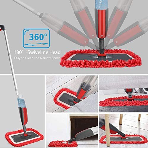  Fixget Spray Mop, Mikrofaser Boden Mop Wasser spruehen Reiniger Flat Mop mit 2 kostenlos Wiederverwendbare Pads mit nachfuellbaren Flasche fuer Marmor, Hartholz, Fliesen, Laminat oder