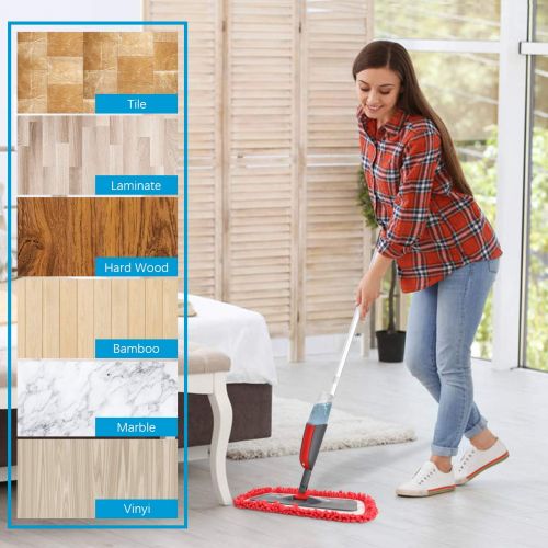  Fixget Spray Mop, Mikrofaser Boden Mop Wasser spruehen Reiniger Flat Mop mit 2 kostenlos Wiederverwendbare Pads mit nachfuellbaren Flasche fuer Marmor, Hartholz, Fliesen, Laminat oder