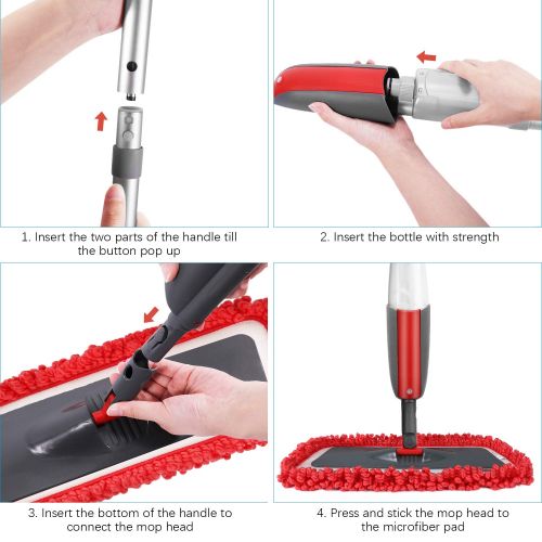  Fixget Spray Mop, Mikrofaser Boden Mop Wasser spruehen Reiniger Flat Mop mit 2 kostenlos Wiederverwendbare Pads mit nachfuellbaren Flasche fuer Marmor, Hartholz, Fliesen, Laminat oder