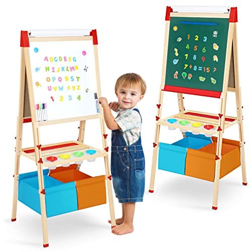  [아마존베스트]Fixget Kids Wooden Easel with Paper Roll, Double-Sided Whiteboard & Chalkboard Standing Easel, Art Easel with Numbers Magnetic Accessories Art and Craft Set Painting Drawing Gifts